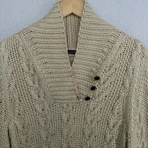 J.MCLAUGHLIN Sweater Mens M 100% Merino Wool Shawl Collar Cable Pullover Ivory